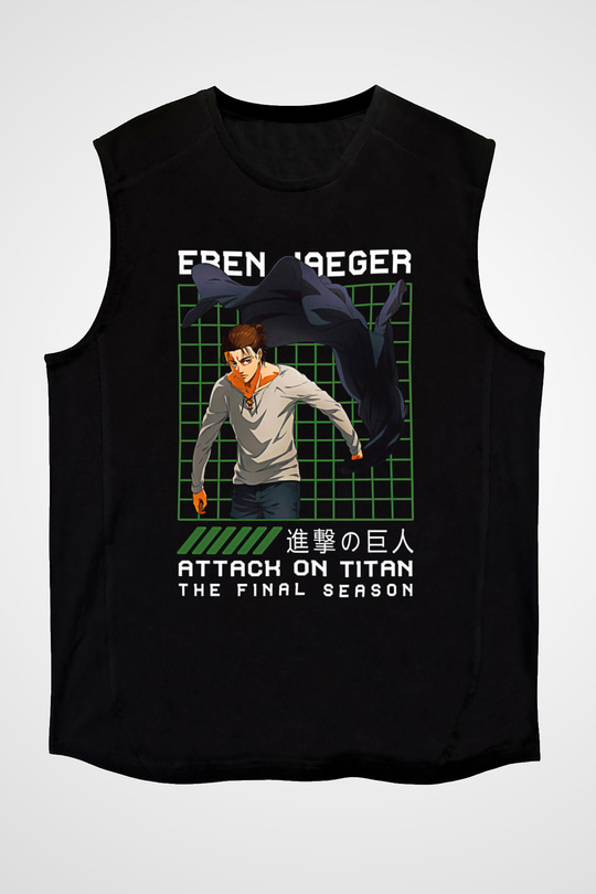 Eren Jaeger Baskılı Unisex Siyah Kolsuz Tişört - Tshirt