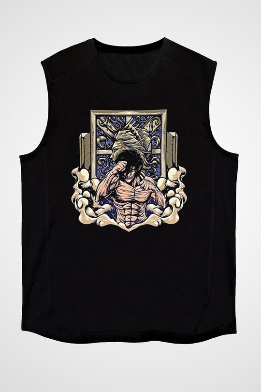 Eren Jaeger Baskılı Unisex Siyah Kolsuz Tişört - Tshirt