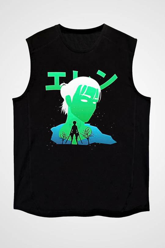 Eren Jaeger Baskılı Unisex Siyah Kolsuz Tişört - Tshirt