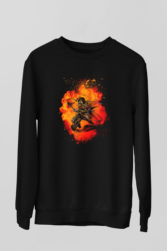 Eren Jaeger Baskılı Unisex Siyah Sweatshirt