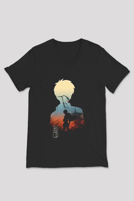 Eren Jaeger Baskılı Unisex Siyah V Yaka Tişört - Tshirt