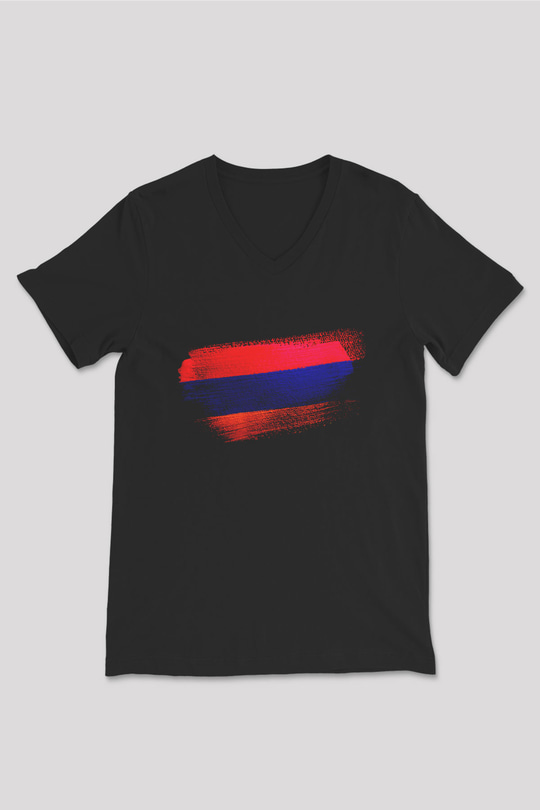 Ermenistan - Armenia Bayrağı Baskılı Unisex Siyah V Yaka Tişört