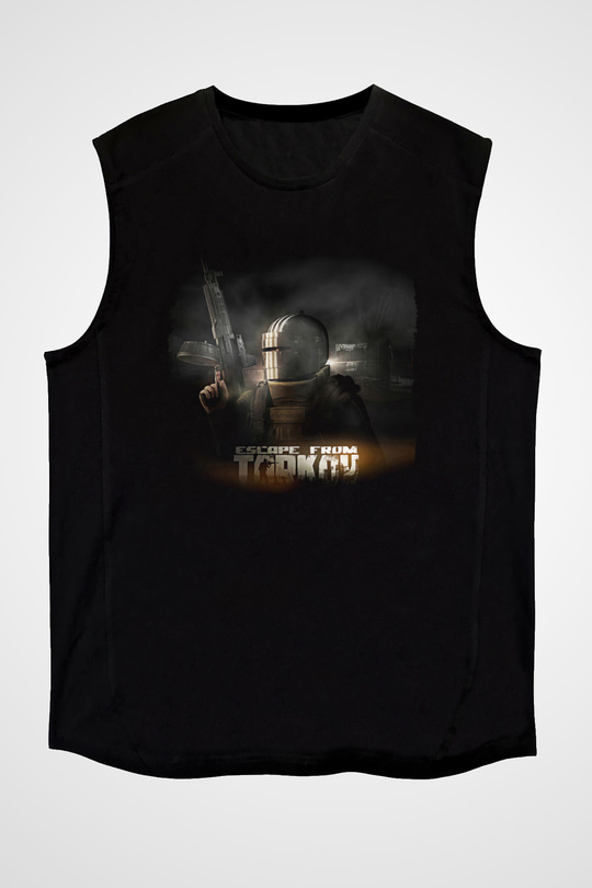 Escape From Tarkov Baskılı Unisex Siyah Kolsuz Tişört - Tshirt