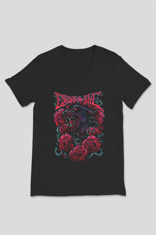 Escape the fate Baskılı Unisex Siyah V Yaka Tişört - Tshirt