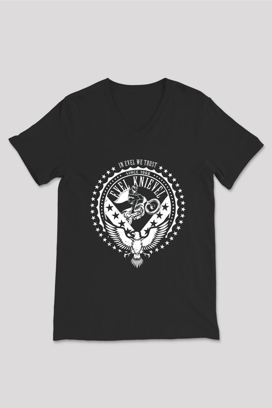 Evel Knievel Siyah Unisex  V Yaka Tişört