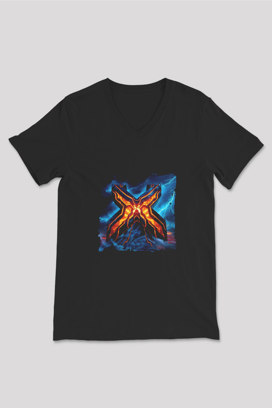 Excision Baskılı Unisex Siyah V Yaka Tişört