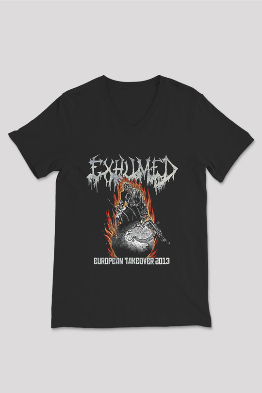 Exhumed Baskılı Unisex Siyah V Yaka Tişört - Tshirt