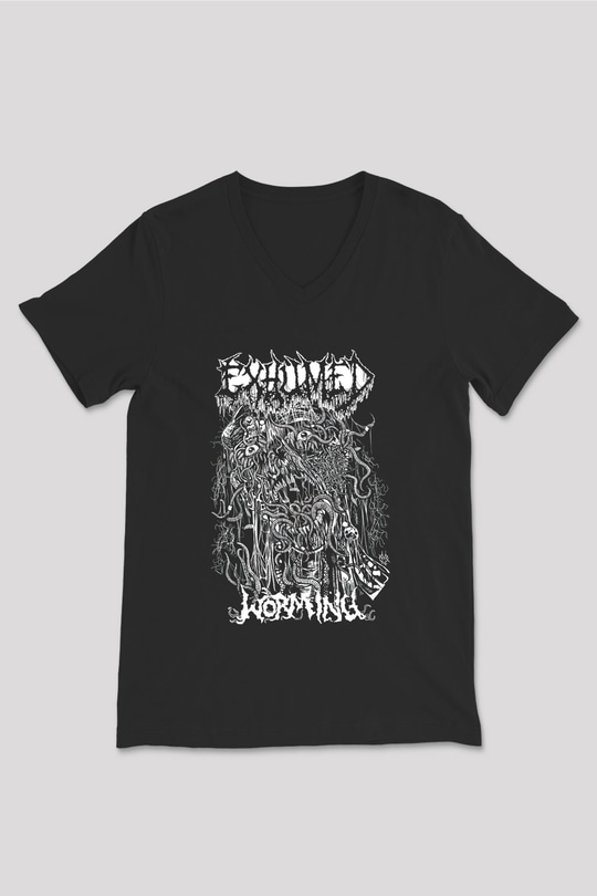 Exhumed Baskılı Unisex Siyah V Yaka Tişört - Tshirt