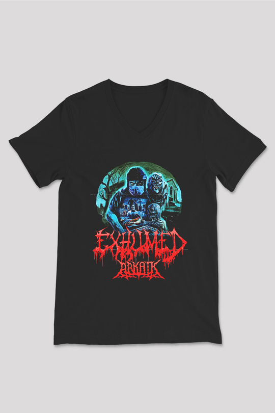 Exhumed Baskılı Unisex Siyah V Yaka Tişört - Tshirt