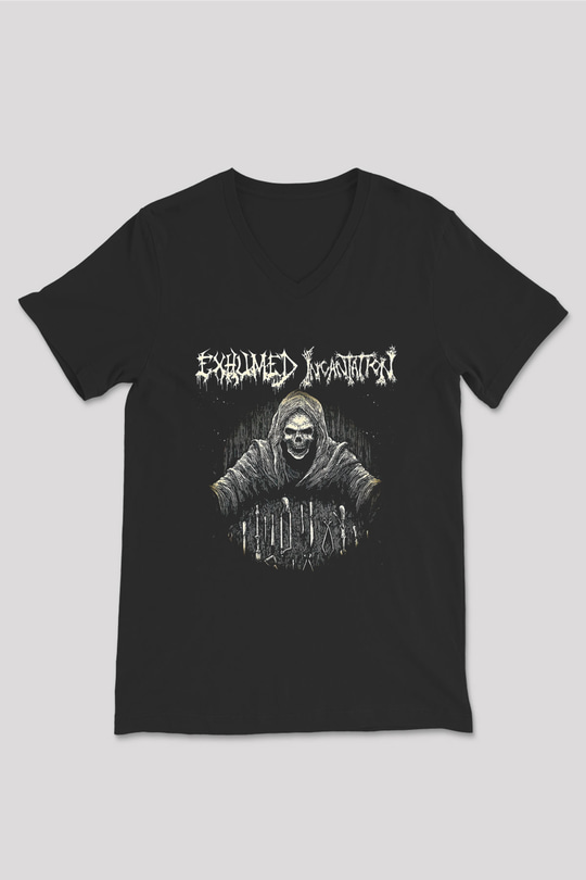 Exhumed Baskılı Unisex Siyah V Yaka Tişört - Tshirt