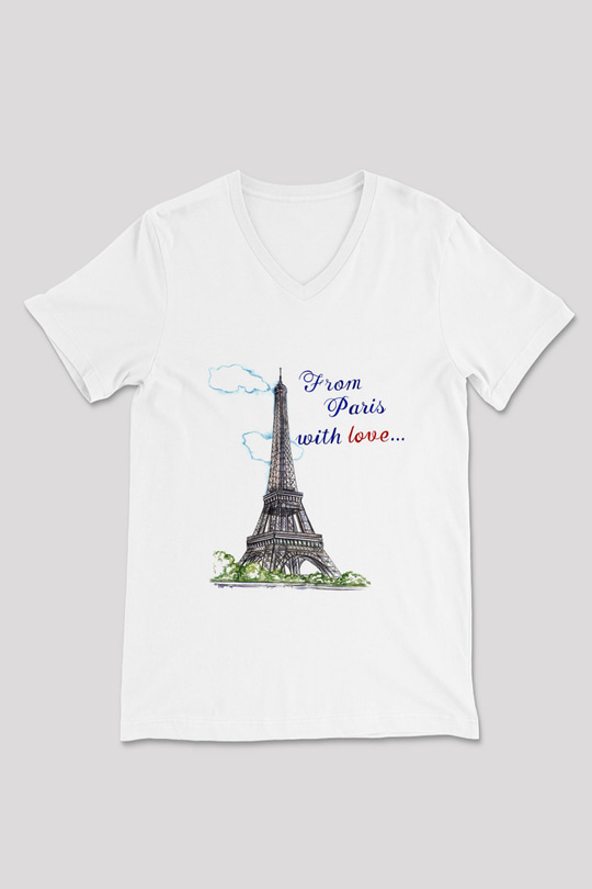 Eyfel Kulesi Beyaz Unisex V Yaka Tişört T-Shirt