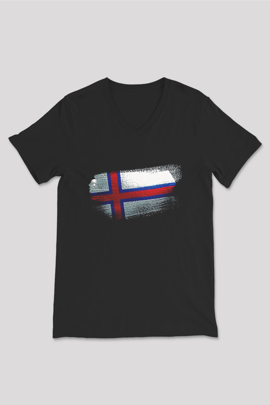 Faroe Adaları - Faroe İslands Bayrağı Baskılı Unisex Siyah V Yaka Tişört
