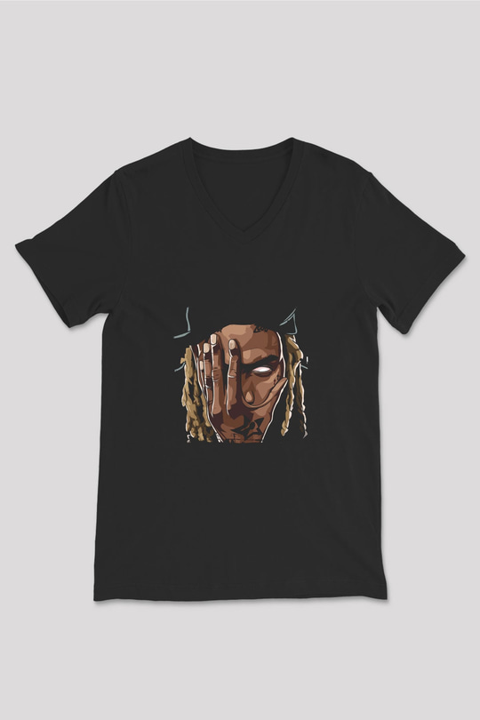 Fetty Wap Baskılı Unisex Siyah V Yaka Tişört
