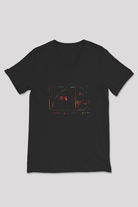 Fibonacci Spirali Renkli Baskılı Unisex V Yaka Siyah Tİşört - Tshirt