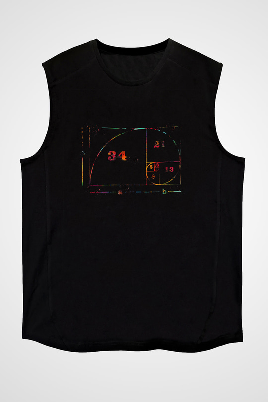 Fibonacci Spirali Renkli Baskılı Unisex Kolsuz Siyah Tişört - Tshirt