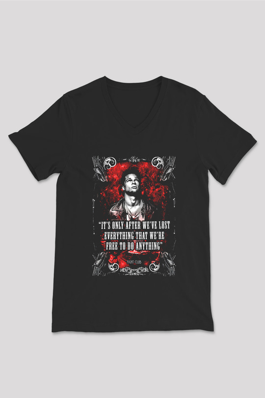 Fight Club (Tyler Durden) Baskılı Unisex Siyah V Yaka Tişört - Tshirt