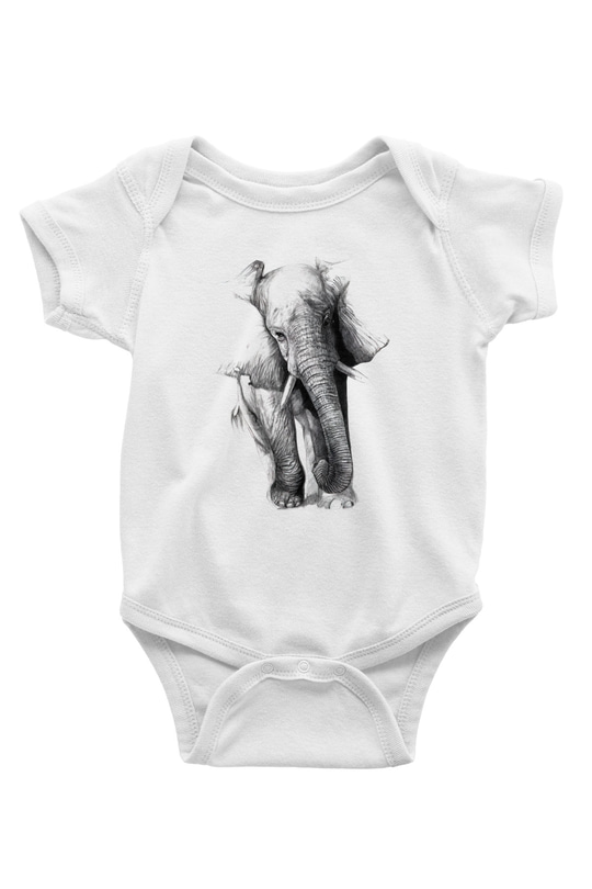 Fil Baskılı Beyaz Unisex Bebek Body - Zıbın