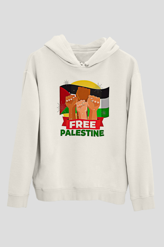Filistin Baskılı Beyaz Unisex Kapüşonlu Sweatshirt