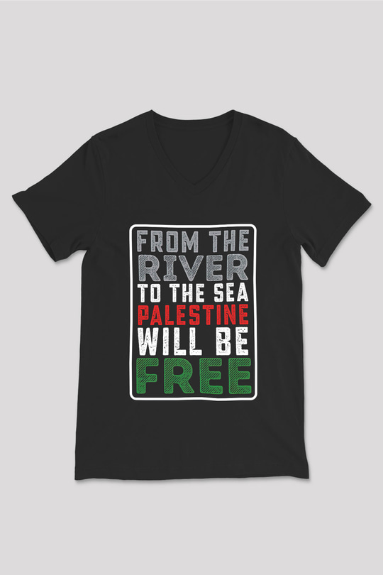 Filistin Baskılı Unisex Siyah V Yaka Tişört - Tshirt