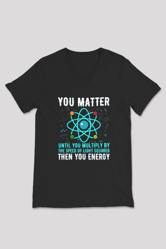 Fizik Atom Baskılı Unisex V Yaka Siyah Tİşört - Tshirt