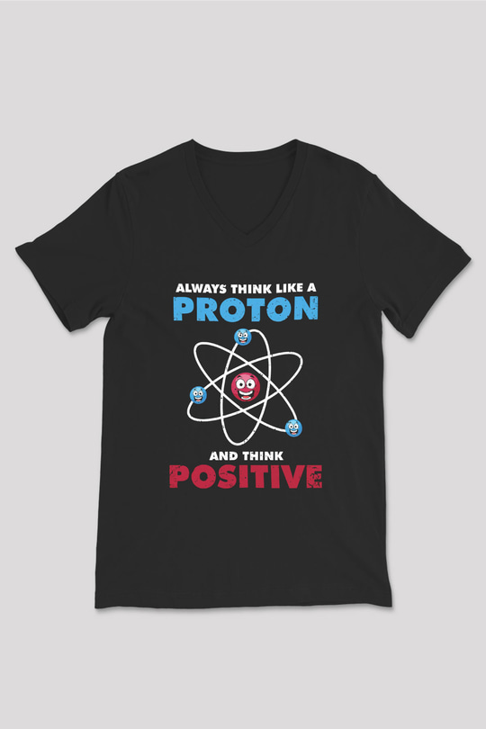 Fizik Atom Proton Pozitif Baskılı Unisex V Yaka Siyah Tİşört - Tshirt