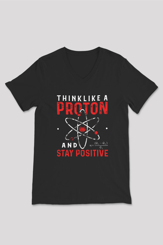 Fizik Proton Pozitif Baskılı Unisex V Yaka Siyah Tİşört - Tshirt
