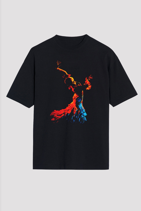 Flamenko Siyah Unisex Oversize Tişört T-Shirt