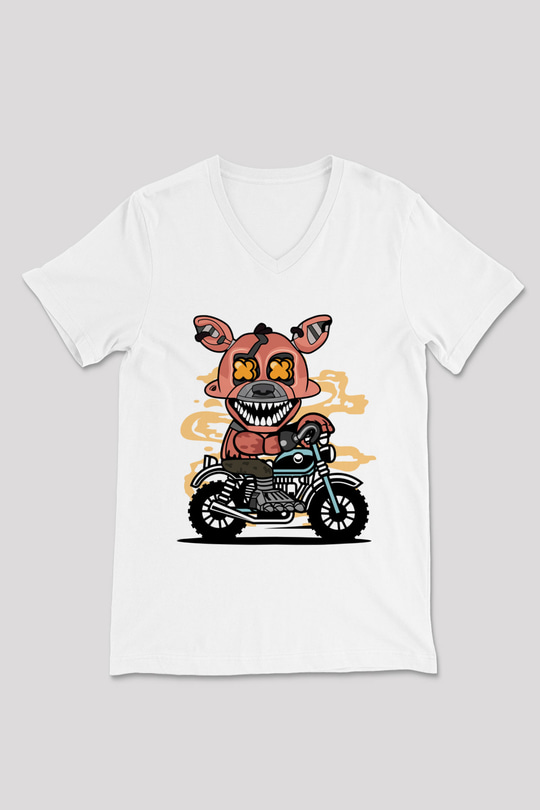 Foxy Motocross Baskılı Unisex Beyaz V Yaka Tişört