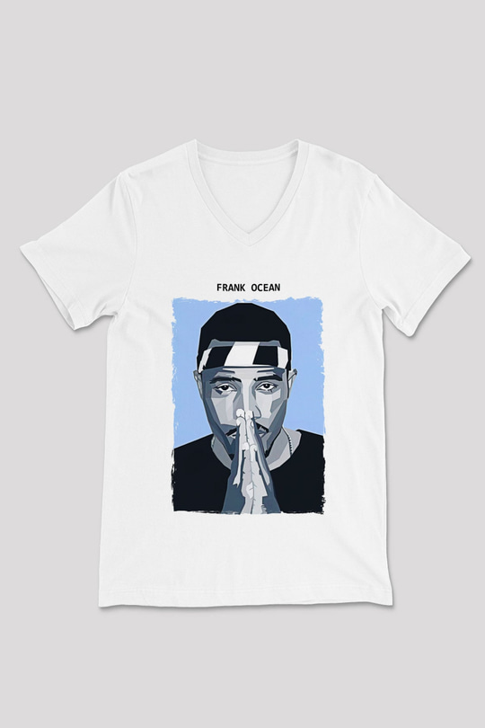 Frank Ocean Baskılı Beyaz Unisex V Yaka Tişört - Tshirt