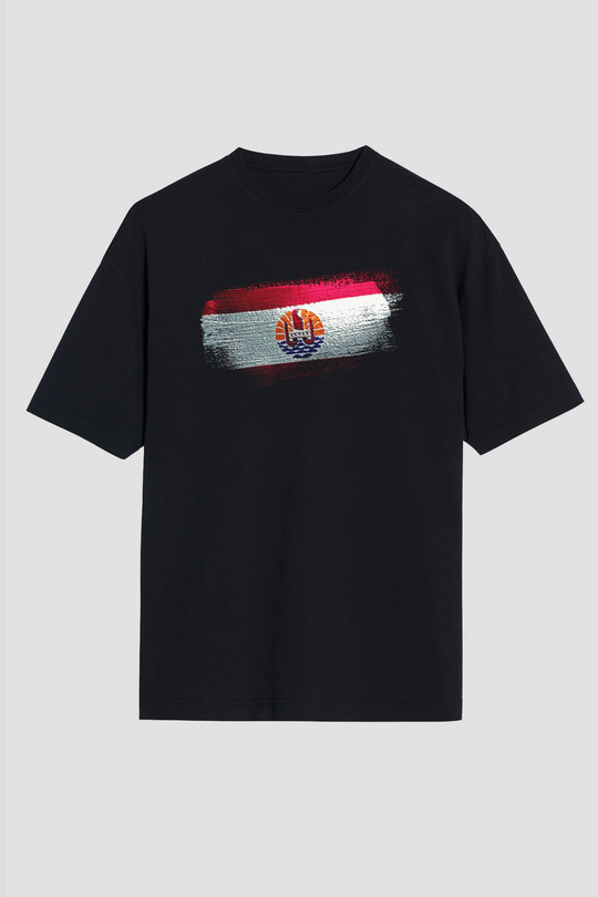 Fransız Polinezyası - French Polynesia Bayrağı Baskılı Unisex Siyah Oversize Tişört