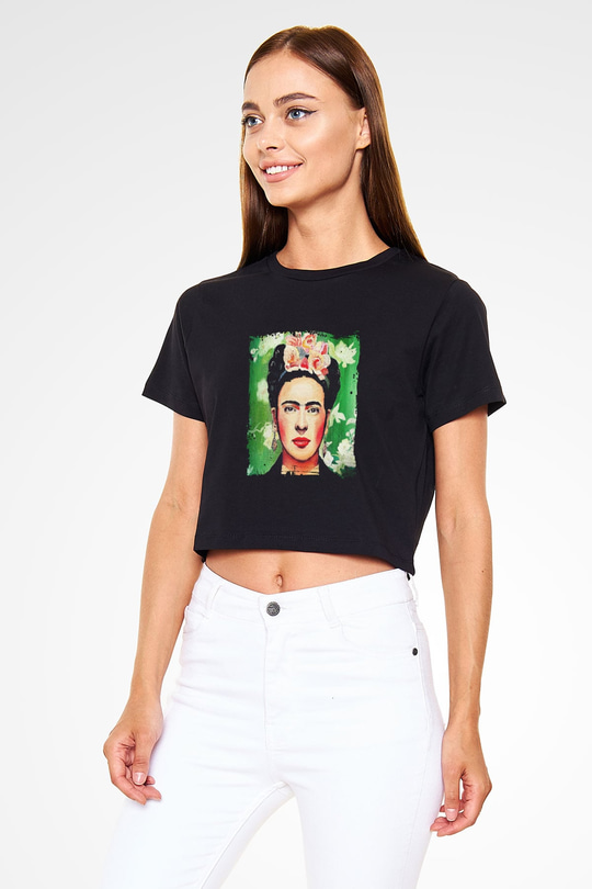 Frida Kahlo Baskılı Siyah Kadın Crop Top Tişört