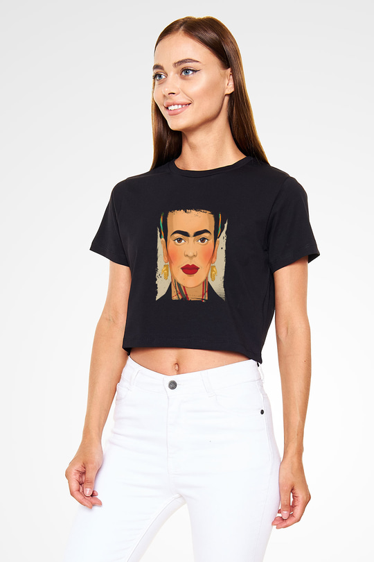 Frida Kahlo Baskılı Siyah Kadın Crop Top Tişört