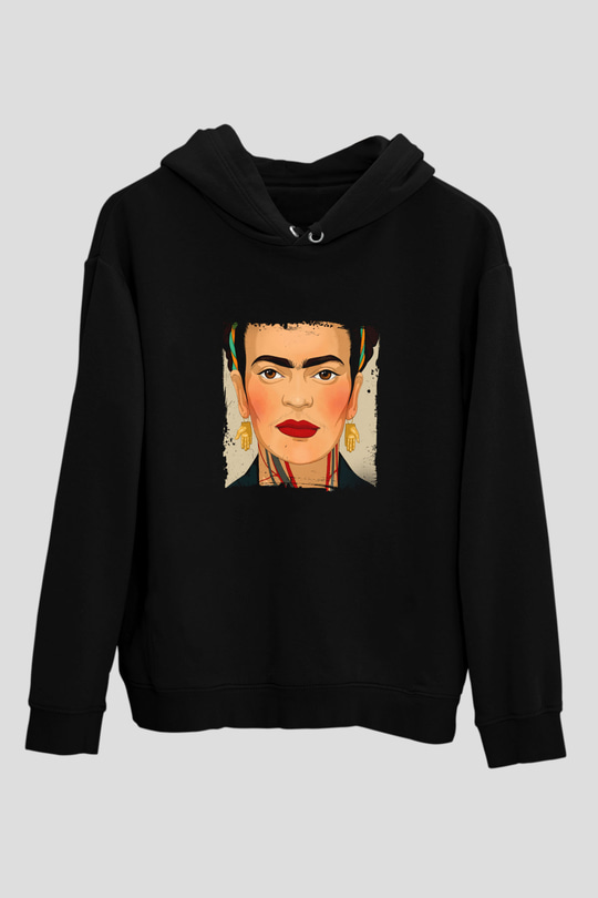 Frida Kahlo Baskılı Unisex Siyah Hoodie