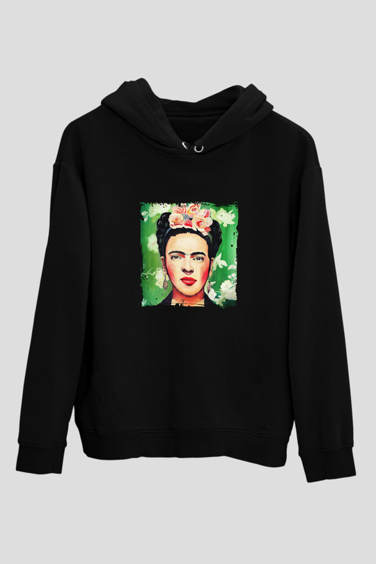 Frida Kahlo Baskılı Unisex Siyah Hoodie
