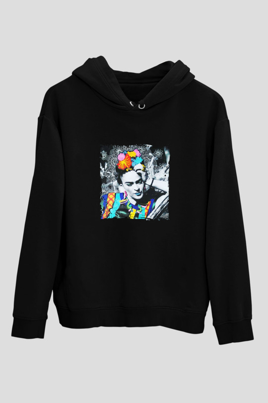 Frida Kahlo Baskılı Unisex Siyah Hoodie
