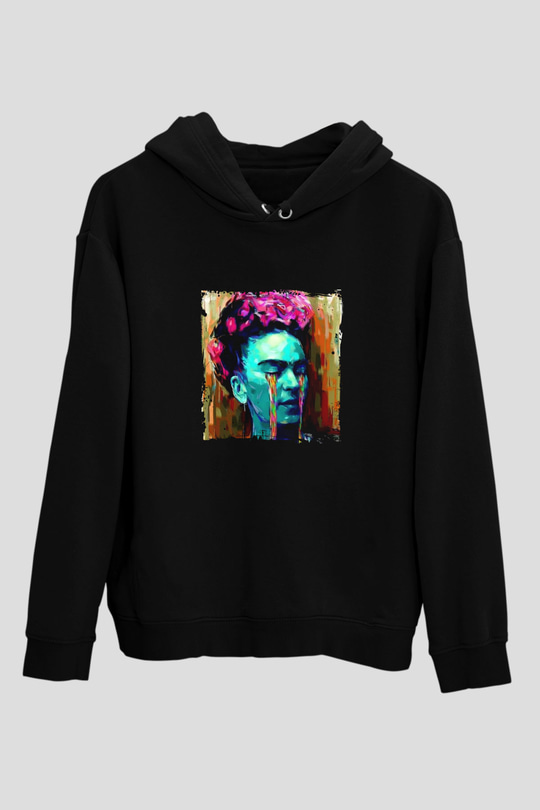 Frida Kahlo Baskılı Unisex Siyah Hoodie