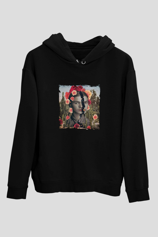 Frida Kahlo Baskılı Unisex Siyah Hoodie