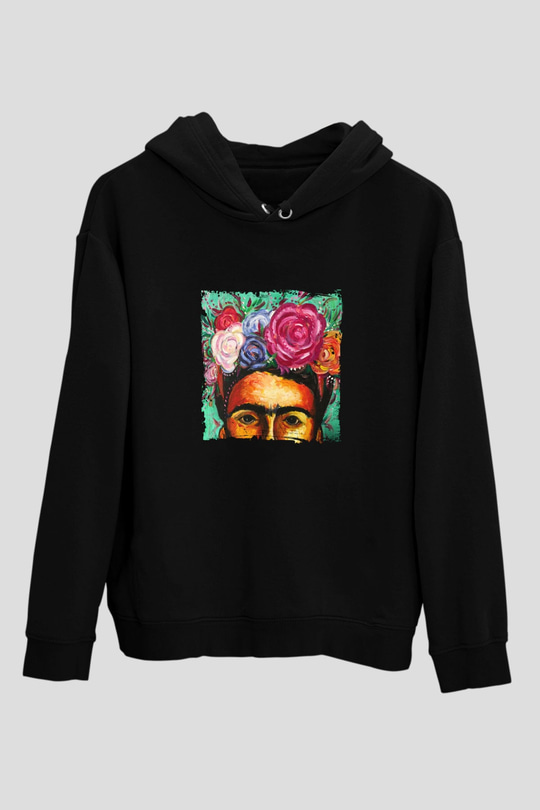 Frida Kahlo Baskılı Unisex Siyah Hoodie