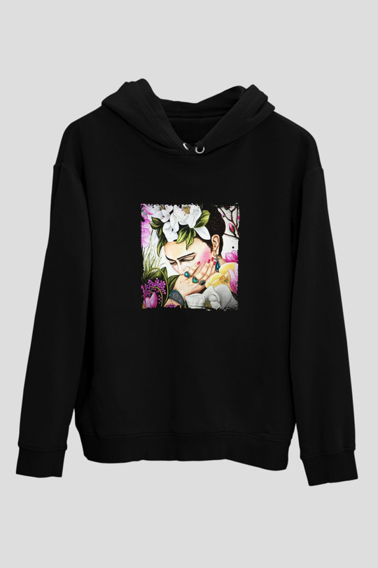 Frida Kahlo Baskılı Unisex Siyah Hoodie
