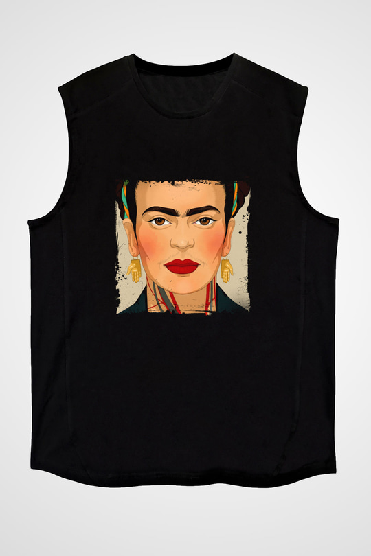 Frida Kahlo Baskılı Unisex Siyah Kolsuz Tişört