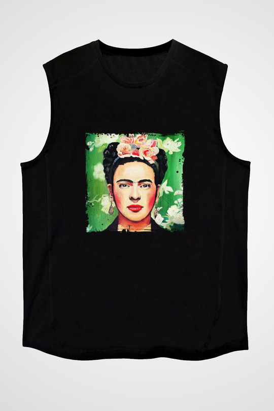 Frida Kahlo Baskılı Unisex Siyah Kolsuz Tişört