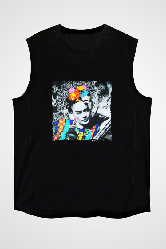 Frida Kahlo Baskılı Unisex Siyah Kolsuz Tişört
