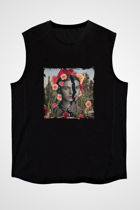 Frida Kahlo Baskılı Unisex Siyah Kolsuz Tişört