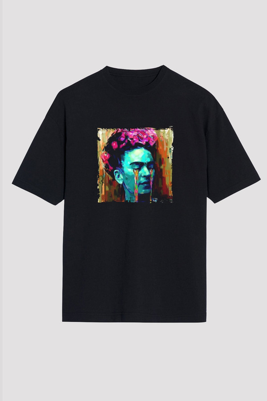 Frida Kahlo Baskılı Unisex Siyah Oversize Tişört