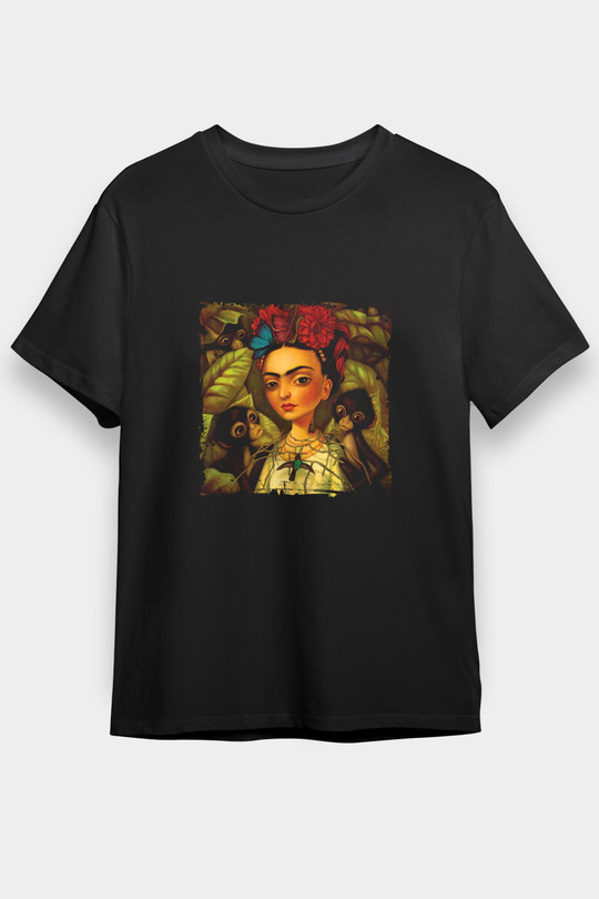 Frida Kahlo Baskılı Unisex Siyah Tişört