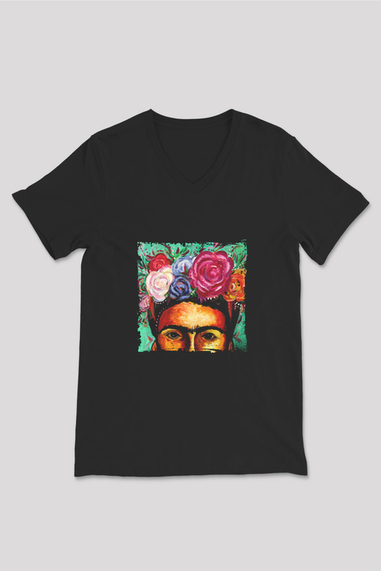Frida Kahlo Baskılı Unisex Siyah V Yaka Tişört