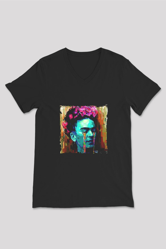 Frida Kahlo Baskılı Unisex Siyah V Yaka Tişört