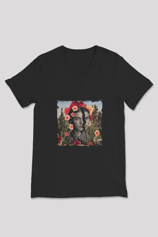 Frida Kahlo Baskılı Unisex Siyah V Yaka Tişört