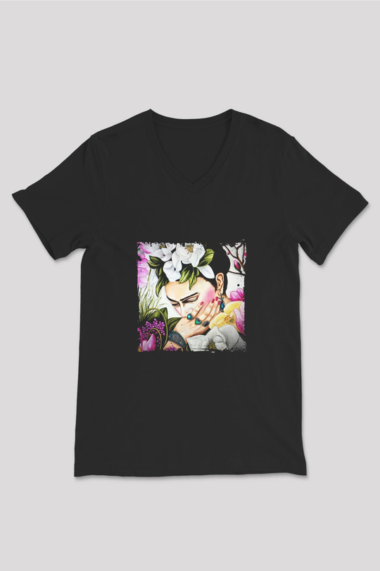 Frida Kahlo Baskılı Unisex Siyah V Yaka Tişört