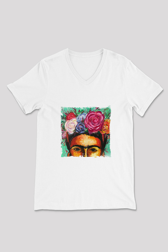 Frida Kahlo Baskılı V Yaka Unisex Beyaz Tişört